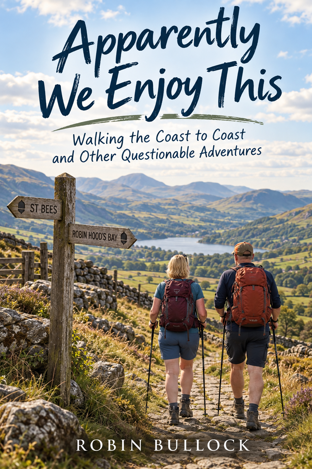 Apparently We Enjoy This book cover showing two walkers heading into the hills
